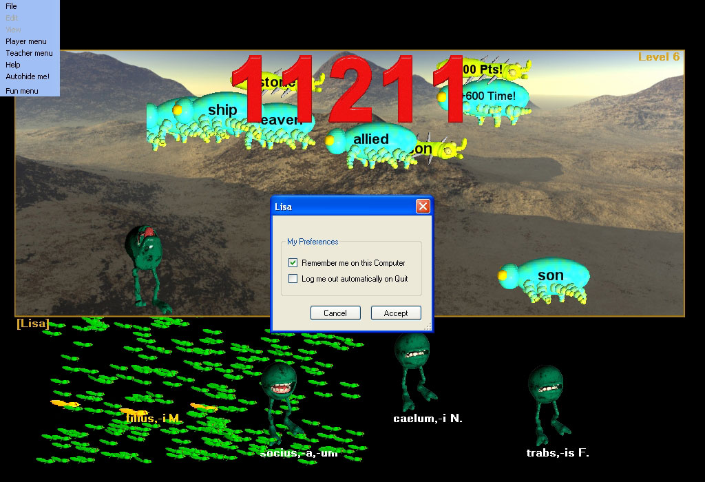 Hungryfrog French Software Program | French Student login prefs dialog for teaching French in homeschool French courses and K-12 French programs