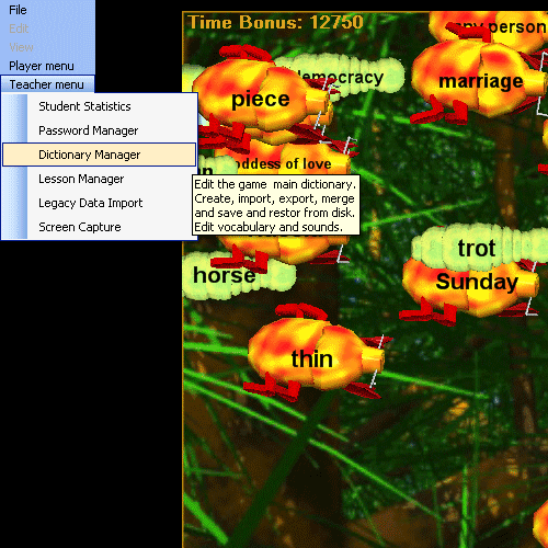 Learn French language dictionary game capture | Teacher Menu | Dictionary Manager
